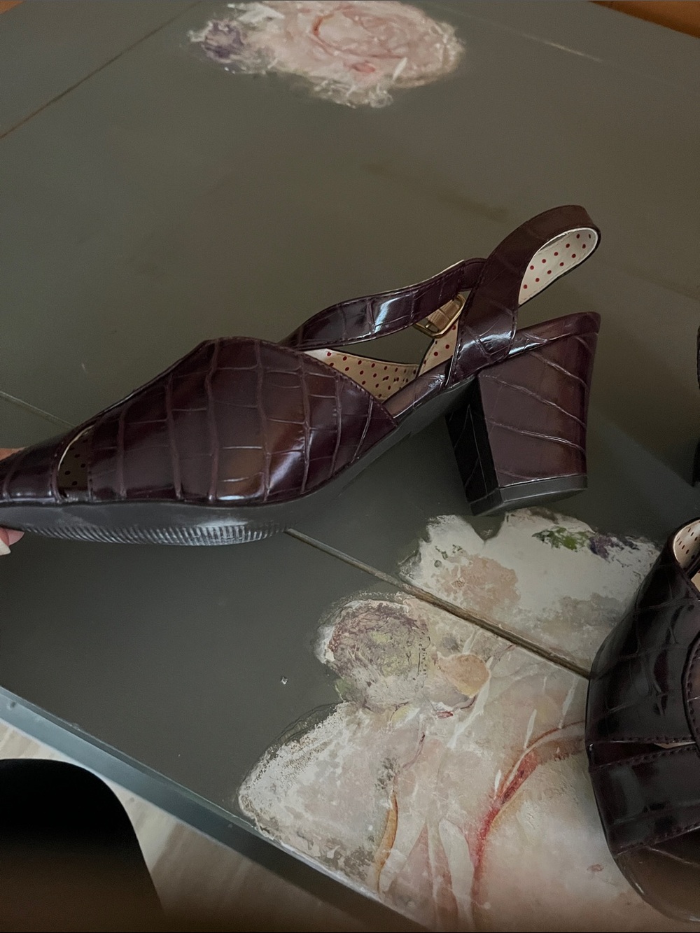 Patent Croc-Embossed Peep-Toe Slingback Heels in Dark Burgundy - Picture 2 of 11